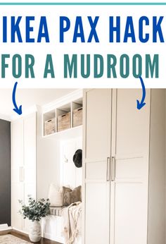 We love this awesome IKEA hack for making DIY mudroom built ins. This DIY mudroom was so budget-friendly and didn't require too much custom building. Coat Closet Ikea, How To Build Mud Room Lockers, Ikea Hack Mudroom Storage, Ikea Pax Closet Mudroom, Diy Mud Room Closet Ideas, Lowes Mudroom Cabinets, Ikea Pax Wardrobe Mudroom, Ikea Mud Room Cabinets, Pax Wardrobe Laundry Room