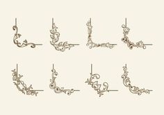 a set of ornate scrolls and brackets on a white background, each with an ornamental design