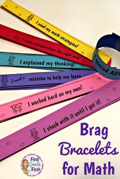 five different colored pencils with the words brag bracelets for math on them