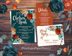 an orange and teal wedding suite with flowers on the front, green and red florals on the back