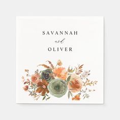 an orange and green floral wedding card with the words savannah and oliver on it