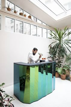 a man sitting at a bar with plants in the back ground and windows above him