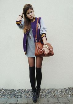 Football Jacket, knee highs, long dress/top. Perfection. Jersey Dress Outfit, Superbowl Foods, Sporty Casual Outfits, Coloured Tights, Football Jersey Outfit, Foods Healthy, Knee Boots Outfit, Buffalo Cauliflower, Jersey Outfit