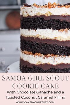 a close up of a cake on a plate with the words samoa girl scout cookie cake