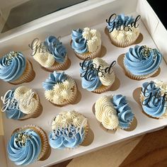 twelve cupcakes with blue frosting in a box