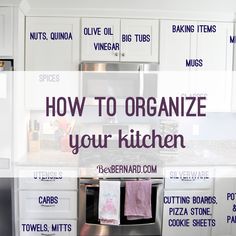 the words how to organize your kitchen are written in purple