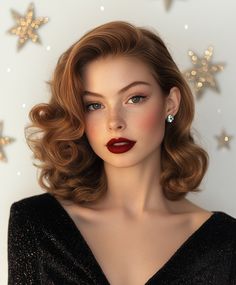 Retro Waves Christmas Hairstyle: Side-Swept Glam Curls Hair For Christmas Party, Vintage Hair Wedding, Christmas Party Hairstyles Medium, Hairstyle With Crown, Hairstyle For Bridesmaid, Hollywood Glam Curls, Hollywood Hairstyle, Christmas Party Hair, Hollywood Glam Hair