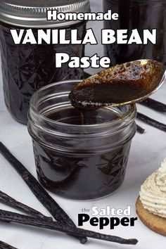 homemade vanilla bean paste in a jar with spoon