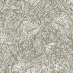 an image of white flowers and leaves on a gray wallpaper background that looks like it has been painted with acrylic paint