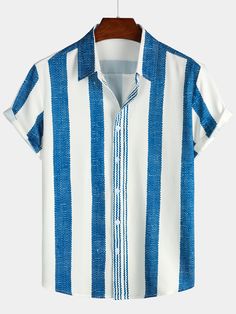 Men's Vintage Blue Vertical Striped Casual Short Sleeve Shirt Vacay Outfits, Short Sleeve Shirts, Floral Short, Vertical Stripes, Board Shorts, Mens Summer, Summer Collection, Down Jacket, Vintage Men