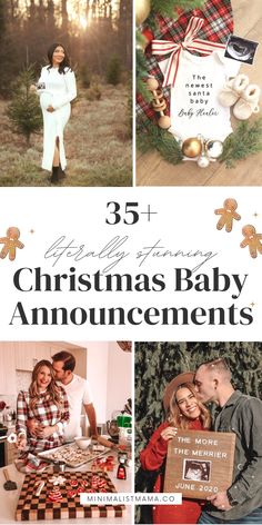 the christmas baby announcement is shown in this collage with photos and text that reads, 35