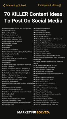 a black and white poster with the words 70 killer content ideas to post on social media