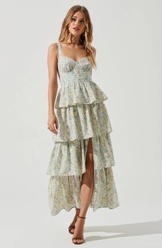 Midsummer Floral Tiered Maxi Dress – ASTR The Label Light Floral Bridesmaid Dresses, Light Green Floral Dress, Casual Fall Wedding, Pretty Spring Dresses, Pastel Outfits, Pastel Bridesmaid Dresses, Wedding Guest Outfit Fall, Floral Bridesmaid Dresses, Ruffle Maxi Skirt