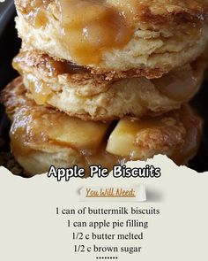 a stack of apple pie biscuits on top of each other with caramel toppings