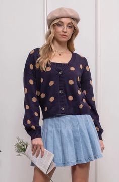 Polka Dot Button Up Cardigan - Navy We love a polka dot moment! This sweater cardigan is darling. Be sure to add this staple to your wardrobe for seasons to come. Featured in a beautiful navy sweater cardigan with khaki polka dots, functional button front closures, and a deep v-neckline. This open front cardigan can be worn buttoned up or closed. Pair with a mock neck top or tank underneath for the cutest look. navy polka dots balloon sleeves v-neckline functional button front matching tank not Polka Dot Button-up Blouse For Fall, Polka Dot Button-up Work Tops, Casual Button-up Polka Dot Blouse, Casual Polka Dot Button-up Blouse, Polka Dot Jacket, Polka Dot Cardigan, Polka Dot Balloons, Button Up Cardigan, Navy Sweater