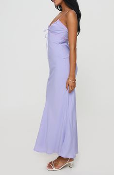 Move from date night to garden party without skipping a style beat in this slinky slip-style maxi dress traced with romantic lace. Hidden back-zip closure Sweetheart neck Spaghetti straps Unlined 100% recycled polyester Hand wash, line dry Imported Fitted Purple Maxi Dress With Spaghetti Straps, Purple Fitted Maxi Dress With Spaghetti Straps, Fitted Maxi Dress With Sweetheart Neckline For Spring, Fitted Slip Dress With Sweetheart Neckline For Spring, Prom Slip Dress With Tie Back In Maxi Length, Fitted Maxi Dress With Sweetheart Neckline And Tie Back, Fitted Slip Dress With Lace-up Back For Prom, Fitted Bias Cut Maxi Dress For Brunch, Spaghetti Strap Maxi Dress With Lace Trim For Prom