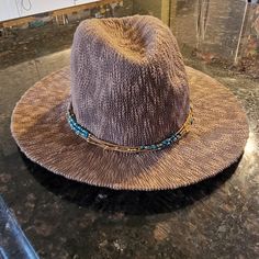 Old County Road Cowgirl Hat With Delicate Beading Strings Around The Head. Never Used. In Great Condition. Found A Lose Thread When Taking Photos, Please Refer To The Picture. Material: Polyester Brim: 3" Casual Beaded Hats With Flat Brim, Casual Beaded Flat Brim Hat, Western Brown Beaded Hat, Western Style Brown Beaded Hat, Brown Wide Brim Beaded Hat, Beaded Brown Wide Brim Hat, Brown Beaded Wide Brim Hat, Bohemian Brown One Size Hat, Man Hats