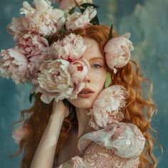 a woman with long red hair holding flowers in her hands and looking at the camera