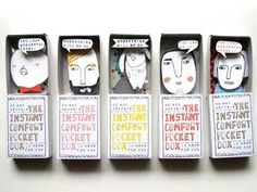 four boxes with different types of paper cut outs in them, each containing an individual's face and speech bubbles