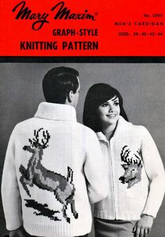 an old knitting pattern for two people wearing sweaters with deer on the front and back