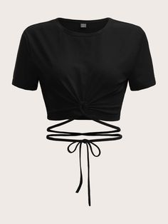 Black Casual Collar Short Sleeve Polyester Plain  Embellished Slight Stretch Summer Women Tops, Blouses & Tee Cute Cropped Shirts, Blusas Crop Top, Shein Icon, Cute Dress Outfits, Easy Trendy Outfits, Cute Crop Tops, Crop Top Shirts, Cute Everyday Outfits, Really Cute Outfits