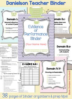 three posters with the words evidence of performance binder