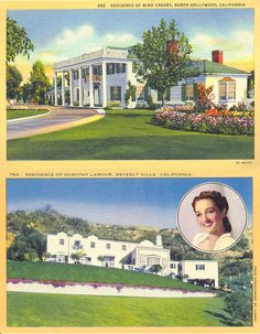 two pictures of the same house in different colors and sizes, one with a woman's face on it