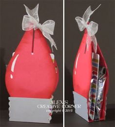 two pictures of an orange bag with a bow on it and some candy in the back