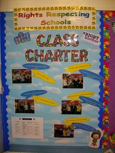 a bulletin board with pictures on it in front of a door that says class charter