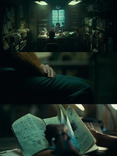 two different shots of people reading books in a dark room, one with an open book and