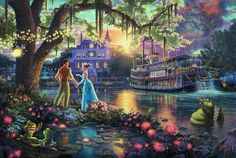 disney's princess and the frog are standing in front of a river at night