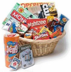 a wicker basket filled with candy and snacks