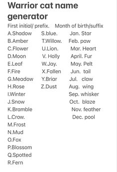 the warrior cat name generator is shown in black and white, as well as other words