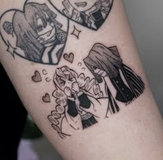 a couple of tattoos on the legs of someone's leg with hearts and two faces