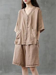 Simple Style Solid Color Loose Cotton Linen Shirt With Big Pockets + Wide-Leg Shorts Big Pockets, Sleeve Cuff, Linen Shirt, Shoulder Sleeve, Size Tag, Simple Style, Cotton Linen, Bell Sleeves, Length Sleeve