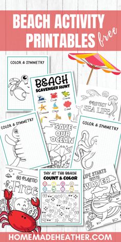 beach activity printables for kids to color and write on the sand with text overlay