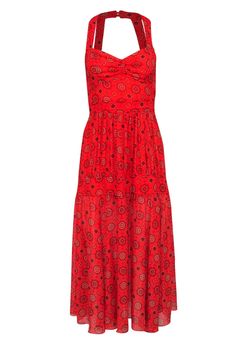 Current Boutique-Marissa Webb - Red Bohemian Print Tiered Maxi Dress w/ Back Cutout Sz XS Red Sleeveless Viscose Dress, Red Tiered Sundress Maxi Dress, Red Boho Print Midi Dress For Summer, Casual Red Printed Maxi Dress, Red Sleeveless Dresses With Boho Print, Red Viscose Maxi Dress, Red Flowy Midi Dress For Summer, Red Tiered Maxi Dress For Vacation, Red Fitted Bohemian Midi Dress