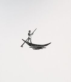 a drawing of a man in a boat with a paddle on the water, holding a fishing pole