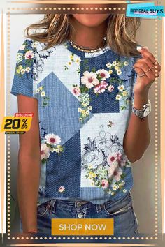 Women's T Shirt Tee Rainbow Floral Patchwork Print Short Sleeve Casual Daily Basic Round Neck Regular S Cheap Clothing, Printed Casual Dresses, Floral Patchwork, Women's Outfits By Occasions, Patchwork Print, Blouse Material, Bracelet Design, Women T Shirts, Beads Bracelet