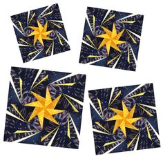 four different sized blocks of fireworks block Quilt Patterns Blocks, Fireworks Quilt Block, Texas Star Quilt Pattern, Paper Piecing Patterns Free Printables Templates, Bonfire Quilt Pattern, Origami Quilt Patterns, Fireworks Quilt, Paper Pieced Sun Pattern, Pineapple Quilt Block Foundation Paper