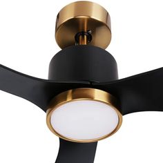 a black and gold ceiling fan with a light