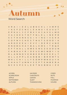 an autumn word search is shown in this image