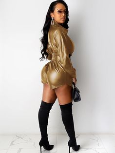 Material:80-90% Polyester.Features:Long sleeve. v-neck. solid color. high waist. tie-up. one-piece romper.Style: Clubwear Leather Jumpsuit, Bodycon Tops, Custom Size Dresses, Multi Dress, Diva Fashion, Long Sleeve Bodycon, Tops For Leggings, Deep V Neck, Black N Yellow