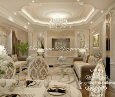 an elegant living room with white furniture and chandelier