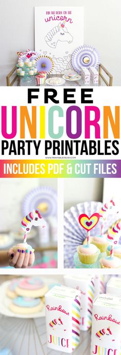 the unicorn party printables include cupcakes, paper plates and napkins