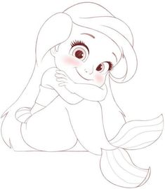 a drawing of a little mermaid with long hair and big eyes sitting on the ground