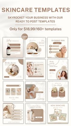 This is the new Beauty Skincare Templates, made and fully editable with Canva. In this interface you can work with the design in a simple way, editing all the elements you want and adjusting it to your needs. Ideal to promote and boost your Social Media. Instagram Skincare, Skin Care Business, Business Notes, Instagram Theme Feed, Skincare Aesthetic, Beauty Products Photography