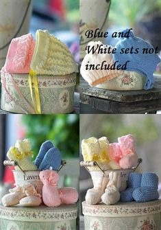 four pictures of baby booties and hats in various colors, sizes and patterns on a table