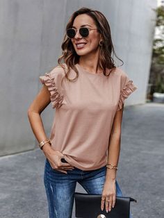 Ruffle Cuff Solid Tee Ruffle Pattern, Cap Sleeve Tee, Casual Cap, Women T Shirts, Solid Tops, Trendy Fashion Women, Women Tops, Cap Sleeve, Ladies Tops Fashion