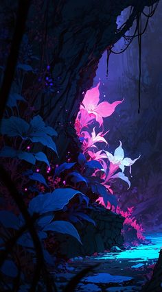 an animated scene with purple and blue lights in the woods, surrounded by plants and rocks